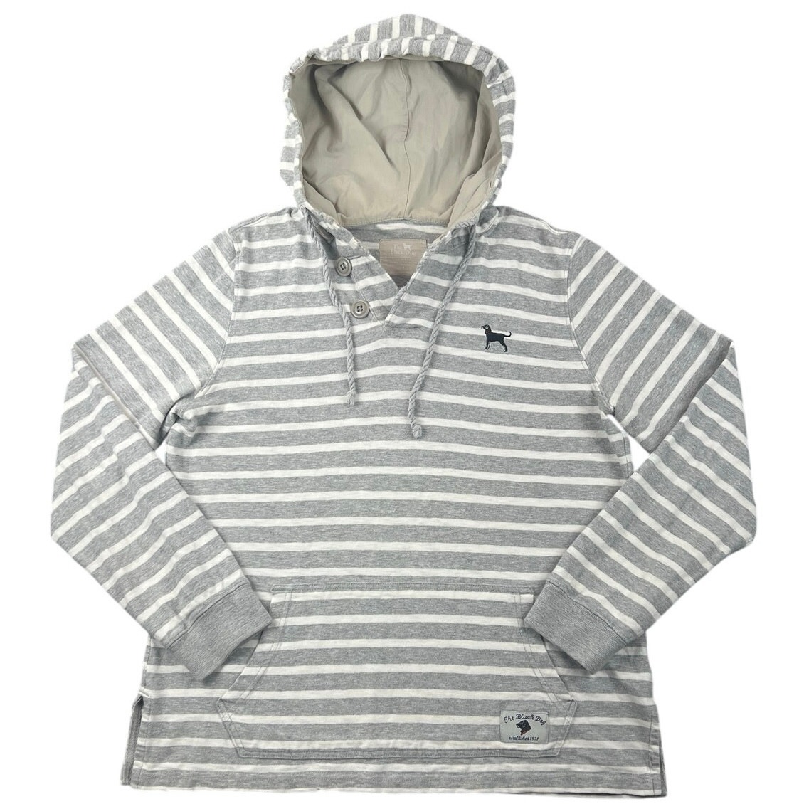 The Black Dog Martha's Vineyard Gray White Striped Hooded Pullover Hoodie M